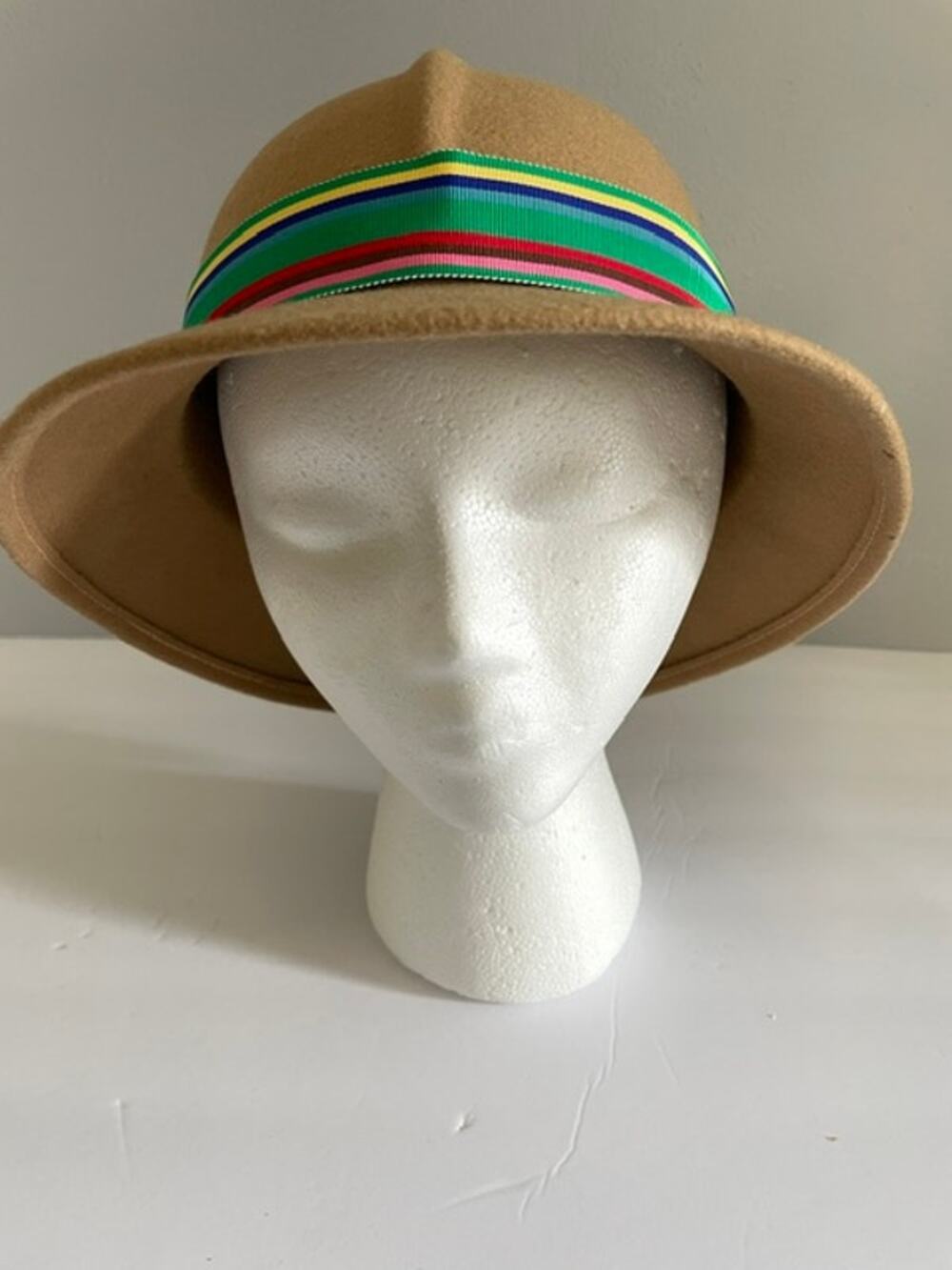Bollman Doeskin Wool Felt Cloche Bucket Hat Camel Multicolor Band USA Equestrian